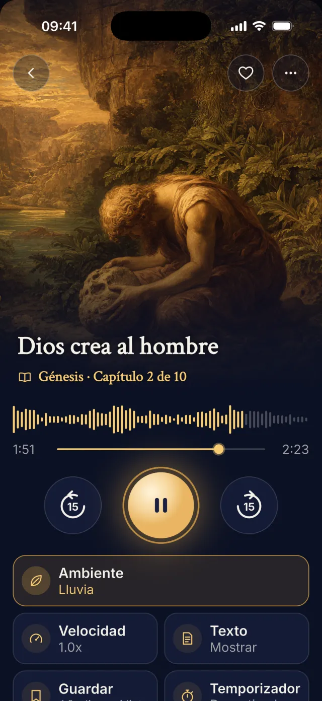 El reproductor con sonido de lluvia, velocidad, texto y temporizador