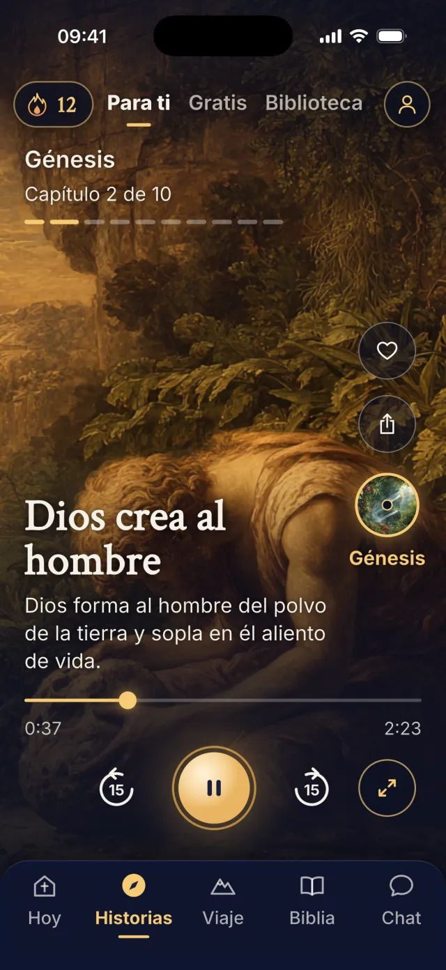 La pantalla Historias de BibleNow, con un cuadro de la creación del hombre y el reproductor